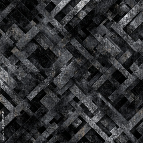 A complex and modern abstract background featuring a monochromatic geometric pattern of intersecting and overlapping lines and rectangles, creating depth.