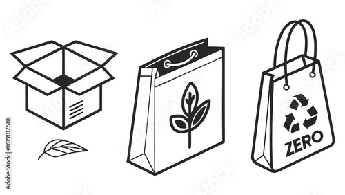Illustration showing an open box, a leaf, a bag with a leaf, and a bag with a recycle symbol and zero text