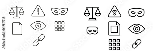Icons representing justice, caution, and anonymity displayed in a simple layout for educational purposes