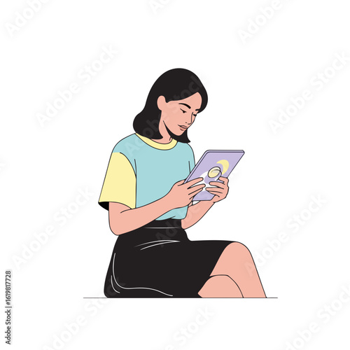 Young woman with tablet reads ebook. Young woman enjoying tablet for communication and work, using a digital gadget with application. Concept young woman with tablet to read or learn from home.