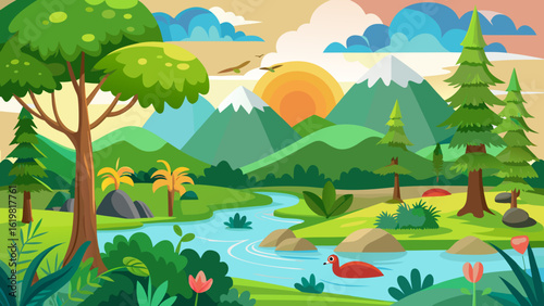 Vector art of vibrant cartoon landscape with a winding river, majestic mountains, lush trees, and a bright sun setting over the horizon, creating a peaceful natural scene