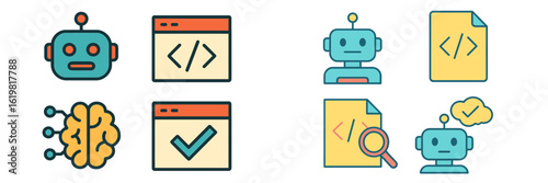 Robots and artificial intelligence illustrations showcasing coding and automation processes in a digital environment
