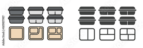Variety of food containers arranged in different styles and colors for meal preparation