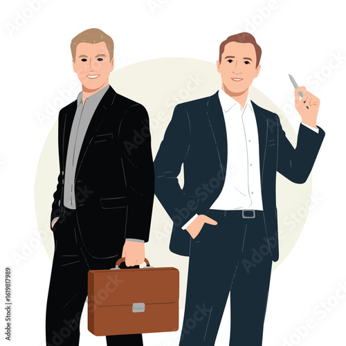 Two businessmen standing in suits one holding a briefcase and the other holding a pen in his hand