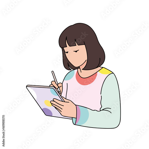 Young woman drawing in sketchbook with her pen, focusing on her art, creating colorful artwork. Girl is creating art, enjoying her artistic time with painting in a sketchbook.