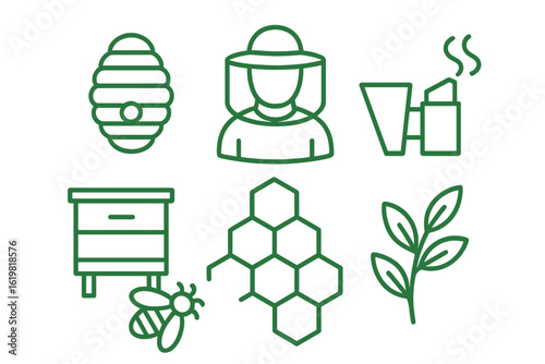 Beehive illustration with beekeeper, honeycomb, and natural elements showcasing the art of beekeeping and honey production