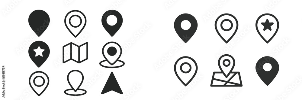 Collection of various location pin icons designed for map and navigation applications in a modern style