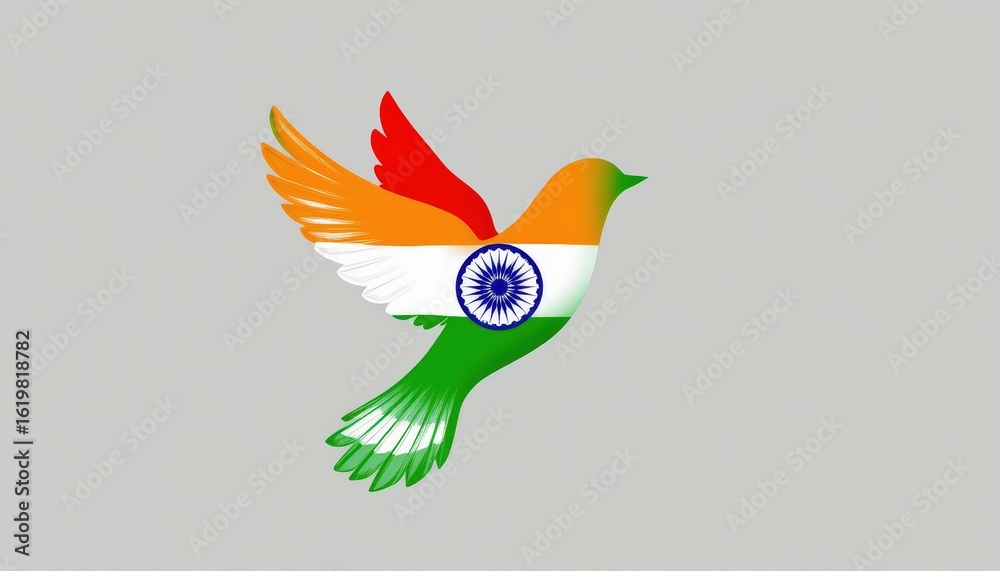 Obraz premium a flying dove silhouette filled with gradient shades of the indian tricolor and a faint ashoka chakr