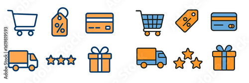 Shopping icons representing online retail, discounts, and delivery services in a modern digital design