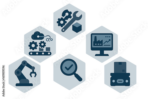 Various icons representing automation technology and industrial processes in a modern workspace
