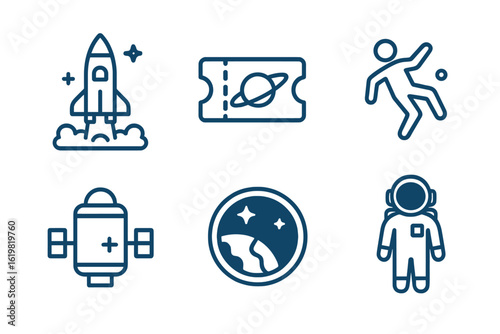 Exploring space travel icons featuring rocket, astronaut, ticket for adventure, and planet Earth illustration