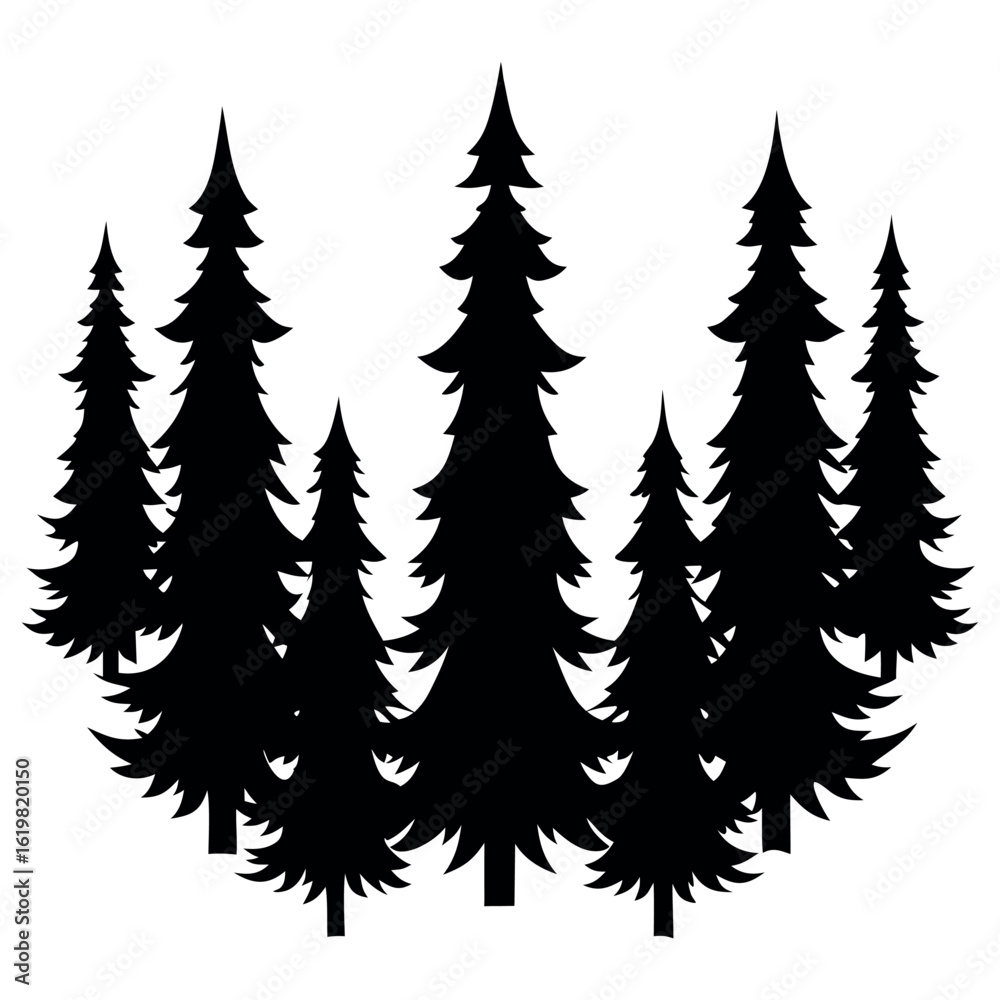 Obraz premium Group of pine trees forming a u shape silhouette isolated on white background