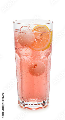 Wallpaper Mural A pink lychee sparkling tea with a slice of lemon served in a transparent plastic cup with no branding. The image is isolated on a clean white background.  Torontodigital.ca