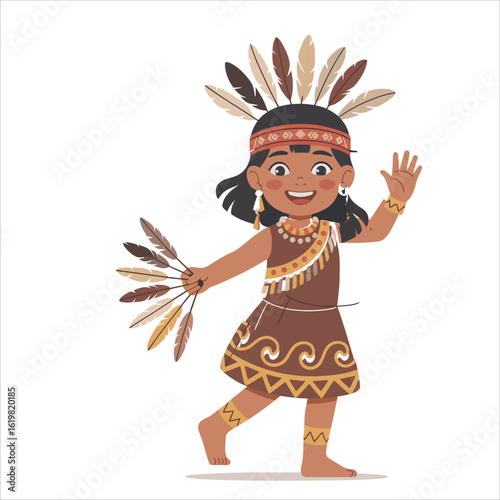 Cartoon of a cheerful indigenous girl in traditional costume with a feather headdress waving her hand.