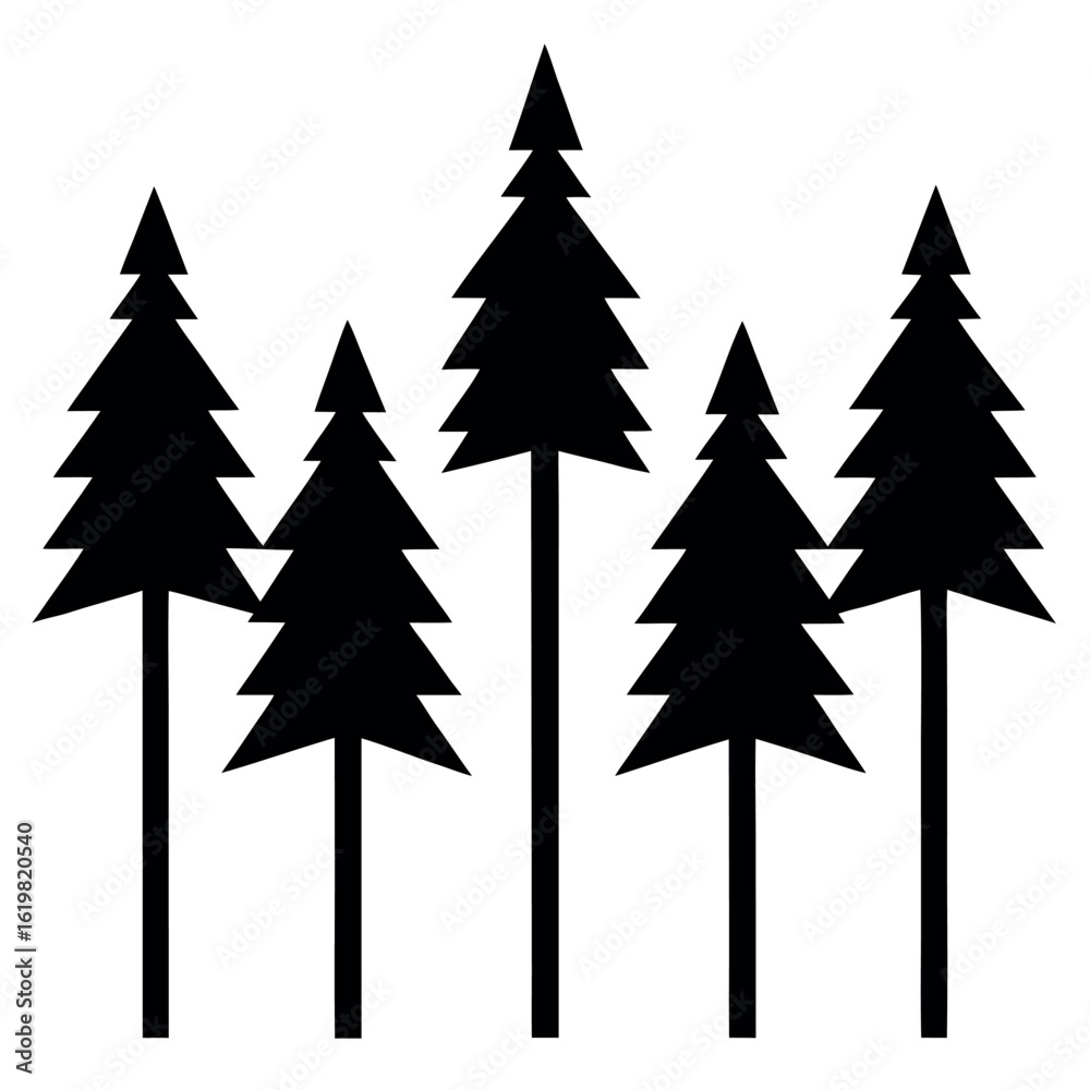 Obraz premium Six pine trees silhouette isolated on white background