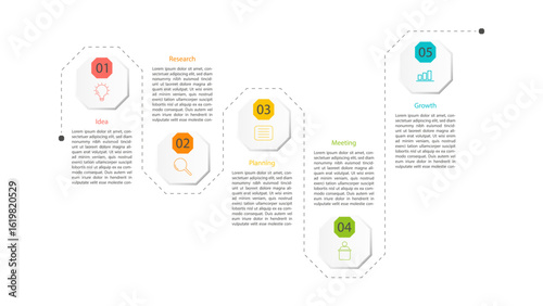Clean and modern 5 step business process infographic with hexagonal icons. Ideal for strategy, startup concepts, growth plans, and project workflows.