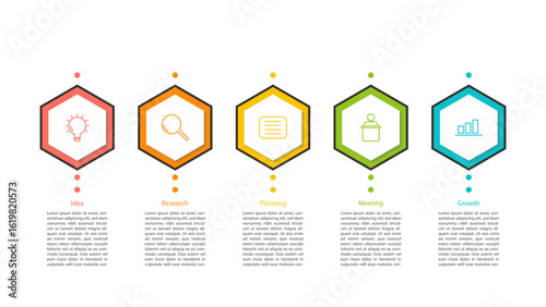 Clean and modern 5 step business process infographic with hexagonal icons. Ideal for strategy, startup concepts, growth plans, and project workflows.