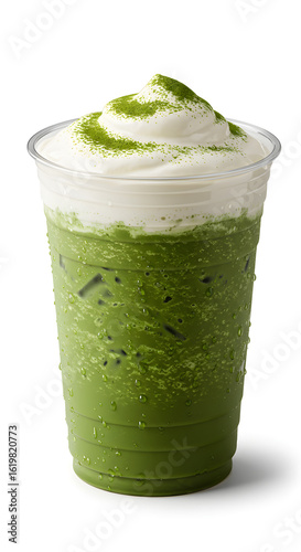 An iced matcha frappe in a clear plastic cup with no logo or branding. Isolated on a white background