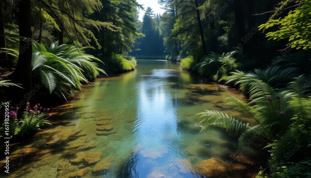 Fototapeta premium Tranquil river flowing through lush fern forest