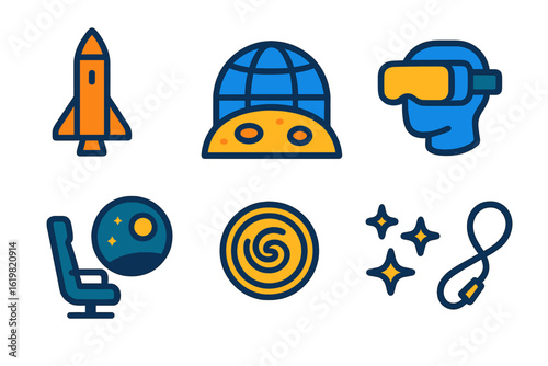 Exploring space concepts with rocket, virtual reality, and celestial imagery in a vibrant design