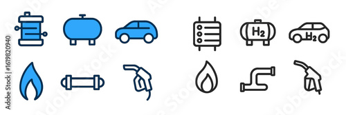 Various icons illustrating hydrogen fuel technology, including refueling stations, vehicles, and storage tanks