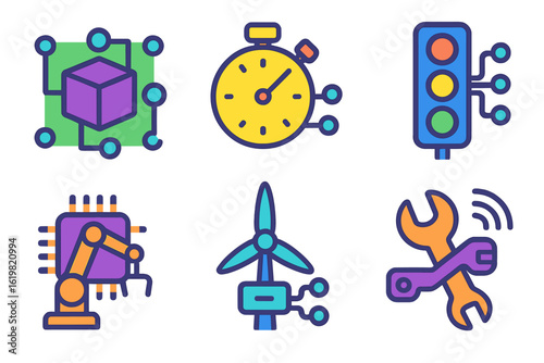 Icons representing technology, automation, and renewable energy in a colorful and modern illustration