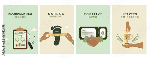 Posters collection environmental sustainability concepts including carbon inventory, positive impact initiatives, and net zero emissions achievement goals. Flat style. Vector illustration