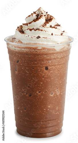 An iced chocolate frappe in a clear plastic cup with no logo or branding, isolated on a white background.  A light dusting of cocoa powder and tiny chocolate shavings scattered over the whipped cream.