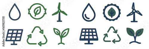 Various symbols representing renewable energy sources and sustainability practices in a modern design style