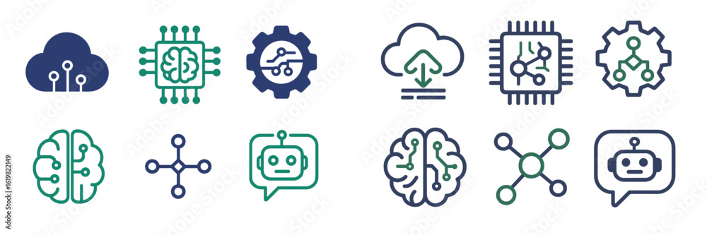 Various symbols representing artificial intelligence and technology in a digital design Various symbols representing artificial intelligence and technology in a digital design