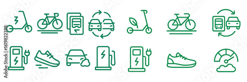 Green transportation icons showcasing various modes and sustainable options for urban commuting and eco-friendly travel