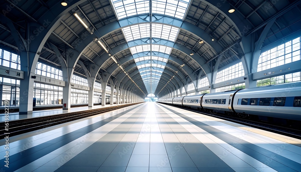 Obraz premium Modern train station with arched glass roof and high-speed train at platform