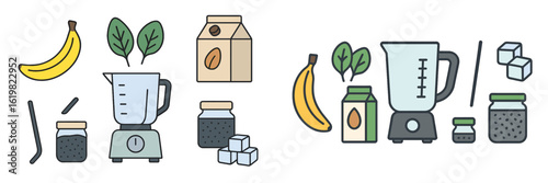 Blending healthy ingredients for smoothies in a kitchen setup with fruits and milk alternatives on display