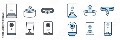 Modern pet care devices designed for convenience and safety at home, featuring feeders, water fountains, and monitoring cameras for pet owners