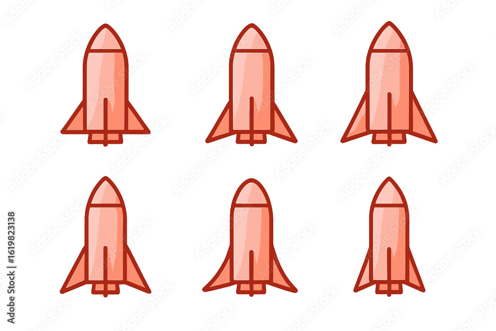 Stylized rocket illustrations arranged in a grid pattern, showcasing various designs and details, ideal for space or technology themes Stylized rocket illustrations arranged in a grid pattern, showcasing various designs and details, ideal for space or technology themes