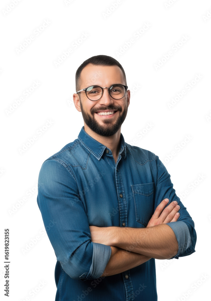 Fototapeta premium Early 30s caucasian man with short dark hair, beard, and round eyeglasses, wearing a blue denim shirt with rolled sleeves, standing confidently, arms crossed, smiling broadly against a clean white