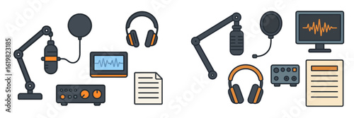 Recording studio setup with audio equipment and instruments for music production and sound design