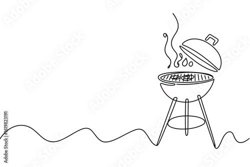 Minimalist line drawing of a charcoal grill with smoke and flames