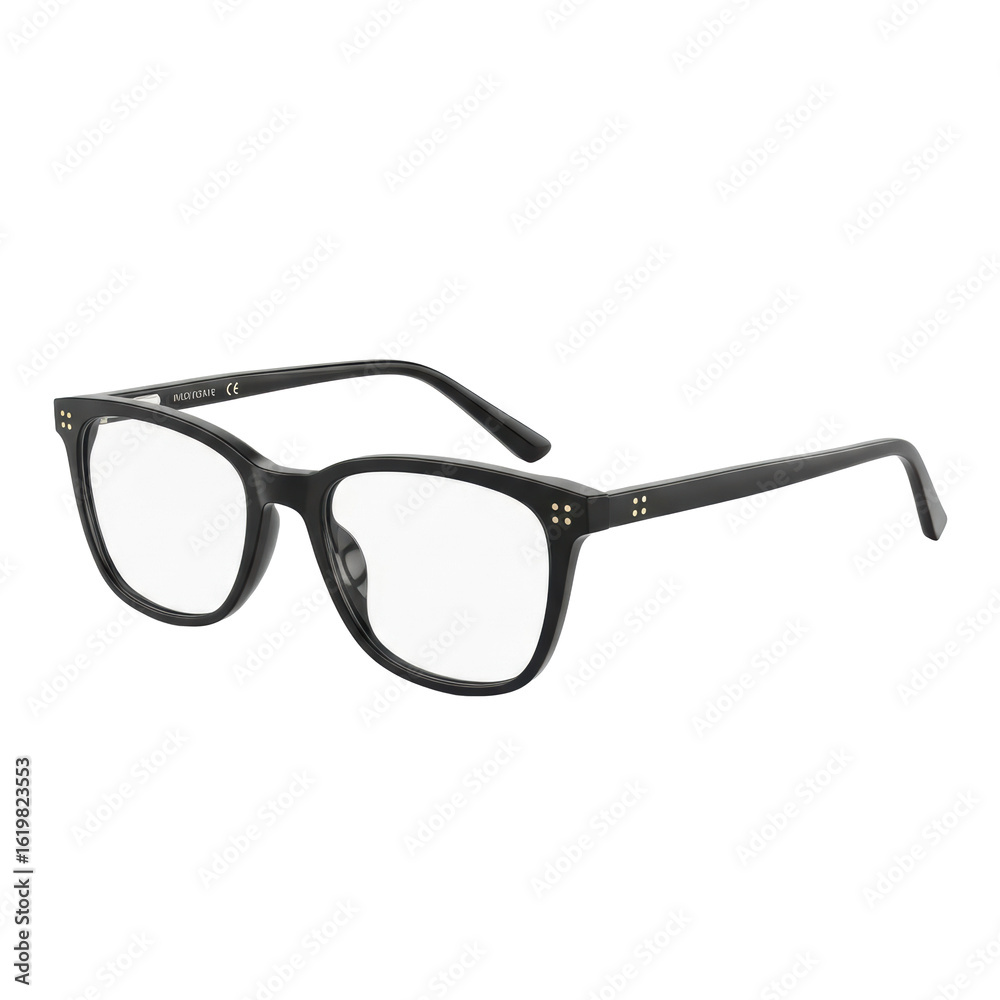 Fototapeta premium Modern black-framed eyeglasses with subtle gold stud details and clear lenses, isolated on a seamless transparent background in a photorealistic UHD product photo, minimalist sophistication concept