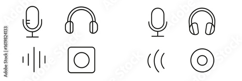 Various audio symbols illustrating recording, playback, and sound in a minimalistic design
