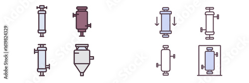 Variety of industrial valves displayed in a technical illustration showcasing different types and configurations of valves for fluid control