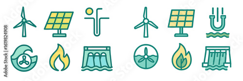 Renewable energy icons represent wind, solar, hydro, and geothermal power sources in a modern design for sustainable solutions