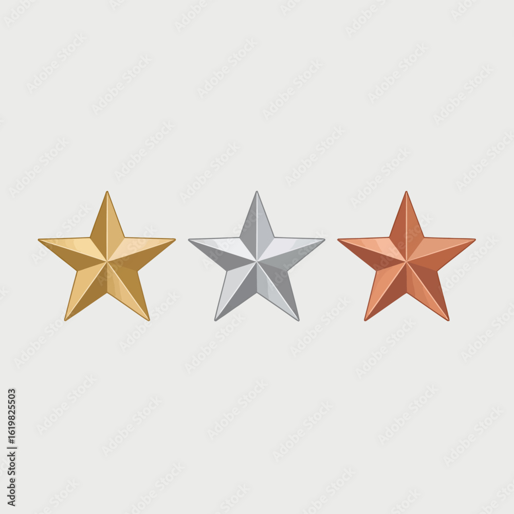 Obraz premium Three metallic stars in gold silver and bronze arranged in a row