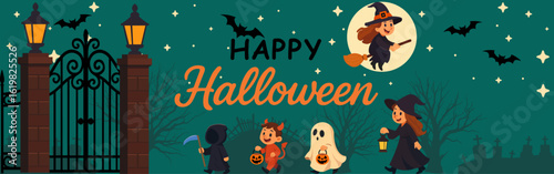 Cute Halloween Kids in Costumes with Lanterns and Spooky Graveyard. Happy halloween. Vector illustration. 