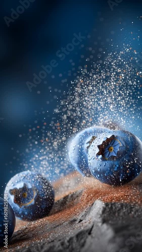 Floating blueberries create a captivating visual display with sparkling droplets against a dark background