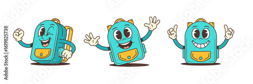 Energetic cartoon backpacks with bold expressions, raised hands, and cheerful gestures including winking and pointing up. Perfect for kids materials, school branding, and learning visuals