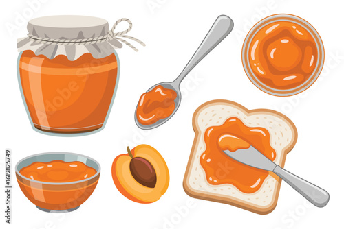 Delicious apricot jam spread on toast with fresh fruit and spoon