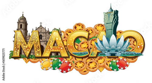 Macau landmark with egg tarts, and casinos.