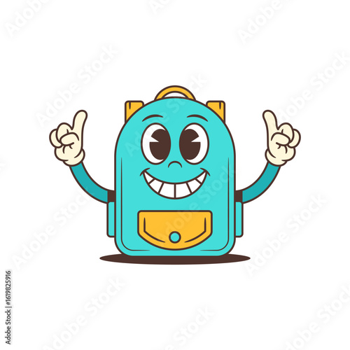 Confident blue backpack mascot smiling widely and raising one finger to share an idea. Enthusiastic pose fits motivational themes, learning platforms, and academic visuals. vector illustration