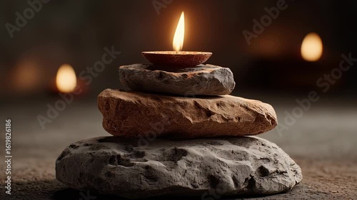 Relaxing moments during a candlelight meditation session in a tranquil setting with stacked stones and soft lighting